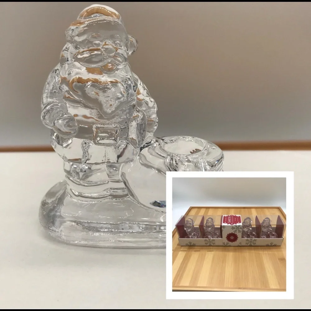 Williams Sonoma Santa Candle Holders 4 piece NWT Clear Glass